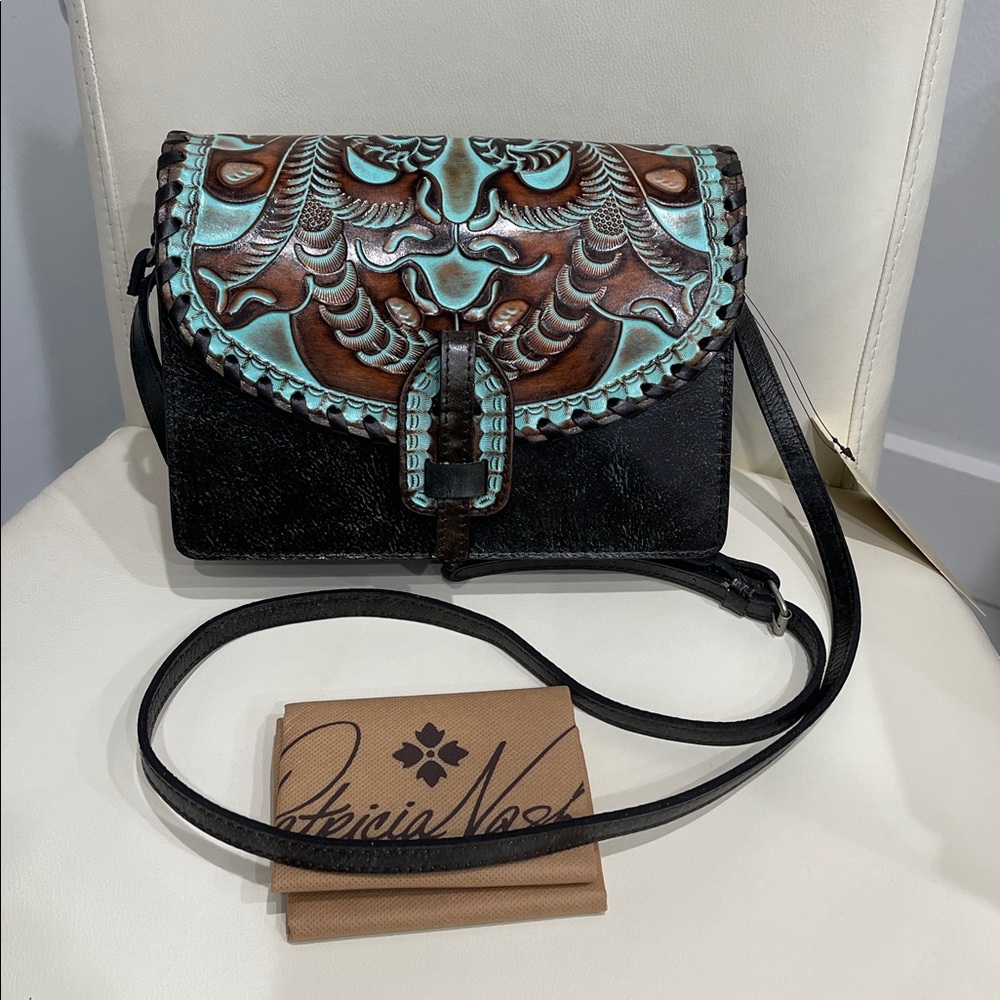 Patricia Nash Brown & Turquoise Tooled Leather Floral Crossbody Bag